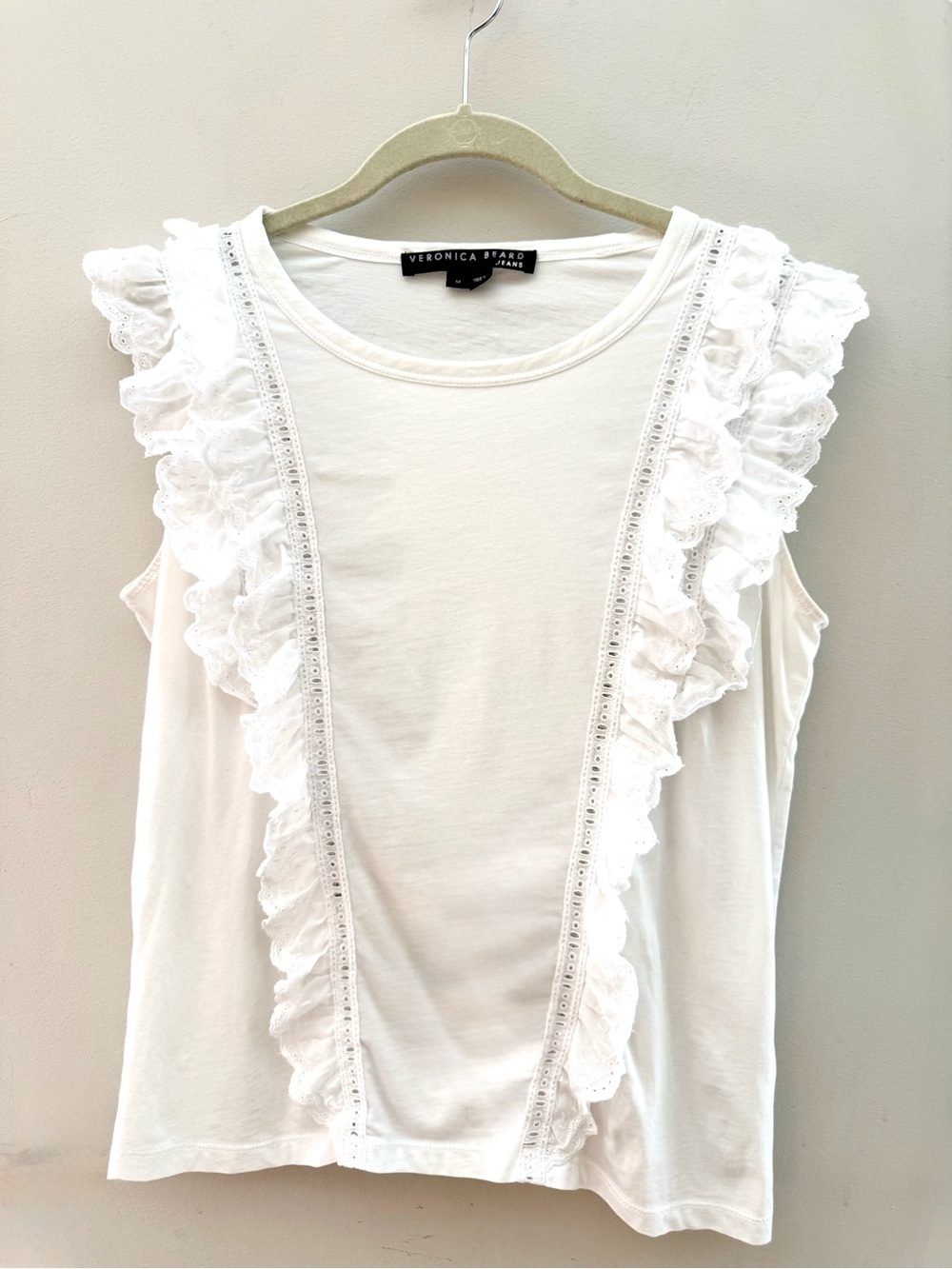 Veronica Beard Jeans White Ruffle Eyelet Trim Sleeveless Pima Cotton Tee Top M